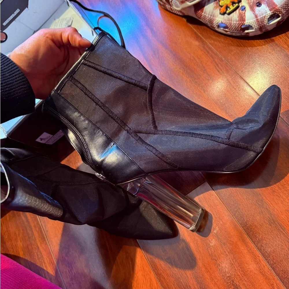 Black Sheer Mesh Ankle Boots with Clear Heel